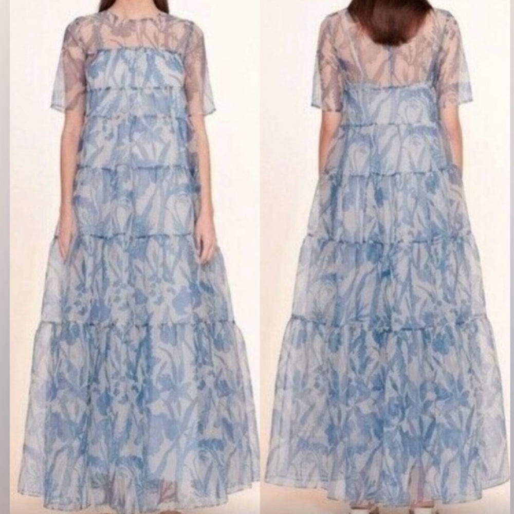 STAUD Hyacinth Organza Tiered Blue Maxi Dress